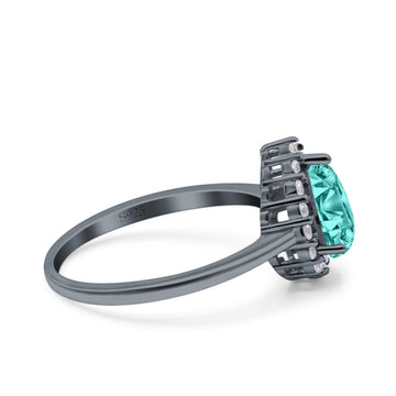 Teardrop Halo Art Deco Pear Wedding Ring Black Tone, Simulated Paraiba Tourmaline CZ 925 Sterling Silver